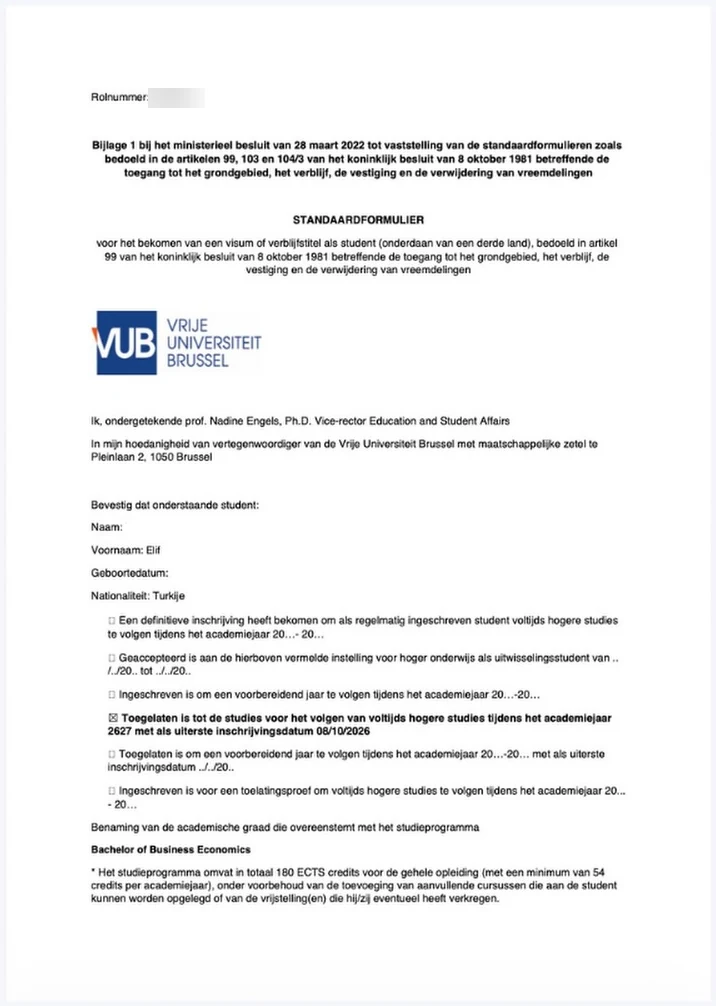 VUB — Bachelor of Business Economics kabul belgesi (kişisel bilgiler maskelendi)
