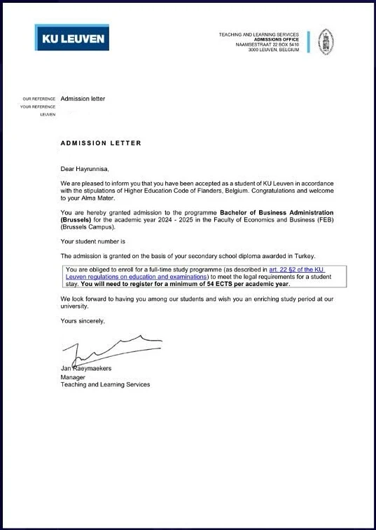 KU Leuven — Bachelor of Business Administration kabul belgesi (kişisel bilgiler maskelendi)