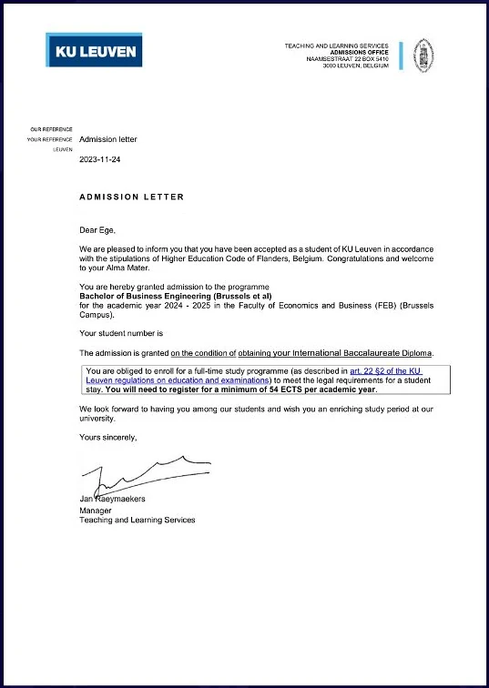 KU Leuven — Bachelor of Business Engineering kabul belgesi (kişisel bilgiler maskelendi)