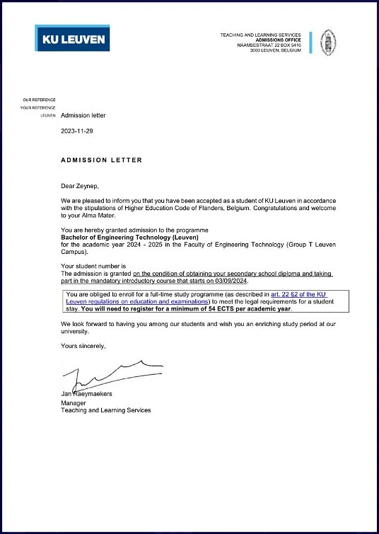 KU Leuven — Bachelor of Engineering Technology (Group T) kabul belgesi (kişisel bilgiler maskelendi)