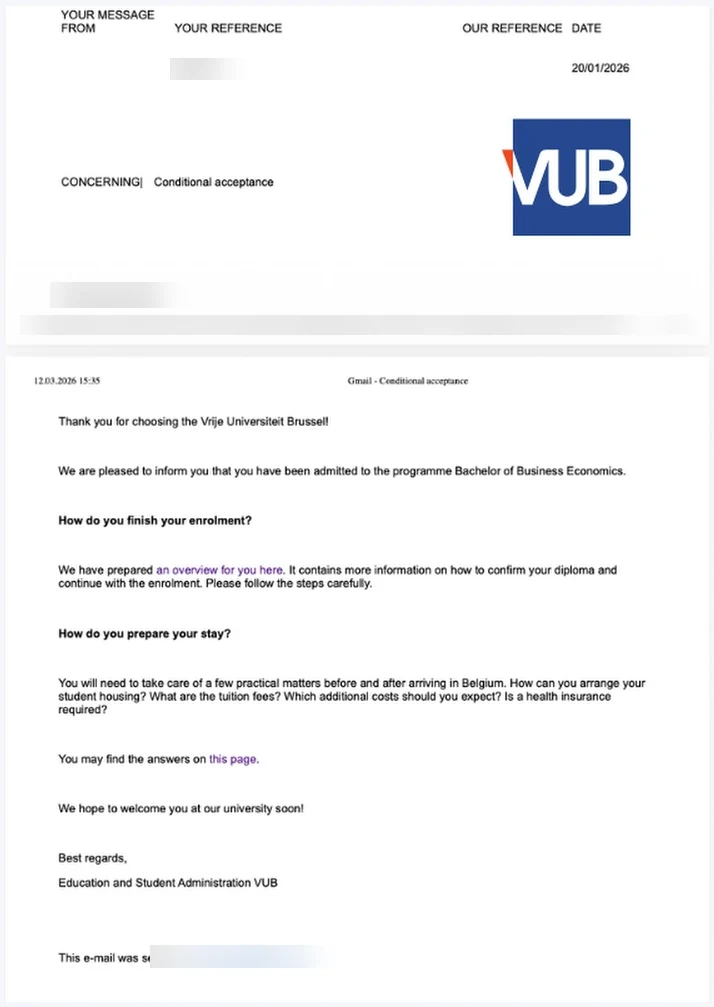 VUB — Bachelor of Business Economics kabul mektubu (kişisel bilgiler maskelendi)