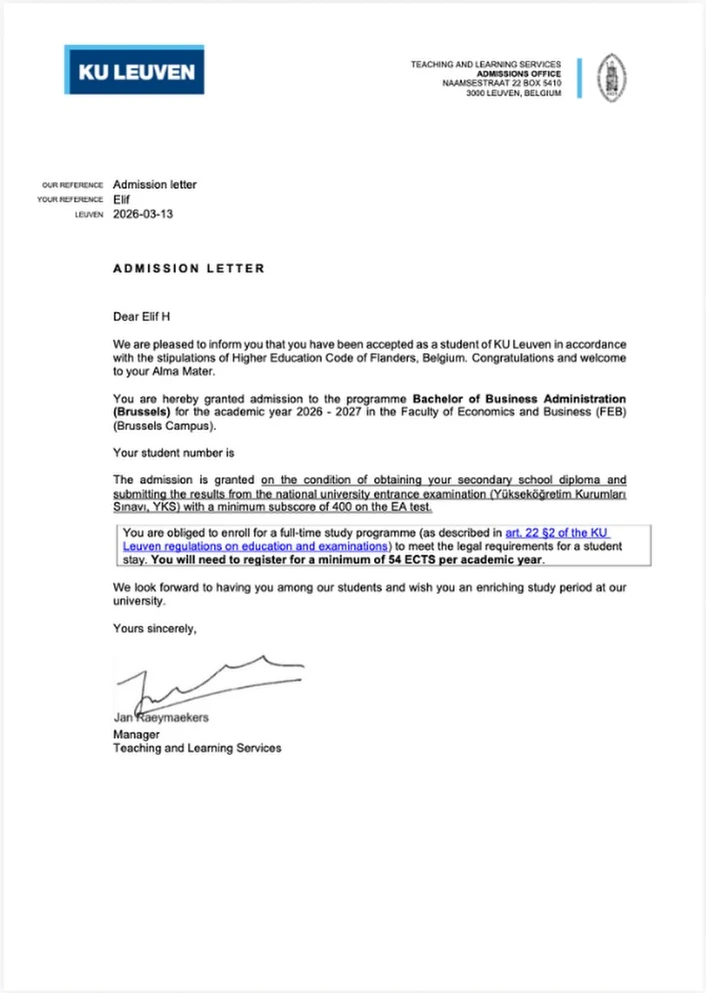 KU Leuven — Bachelor of Business Administration kabul belgesi (kişisel bilgiler maskelendi)