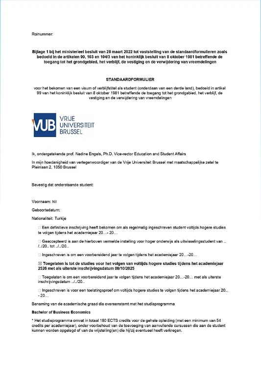 Vrije Universiteit Brussel (VUB) — Bachelor of Business Economics kabul belgesi (kişisel bilgiler maskelendi)