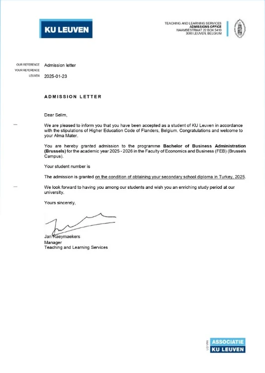 KU Leuven — Bachelor of Business Administration kabul belgesi (kişisel bilgiler maskelendi)