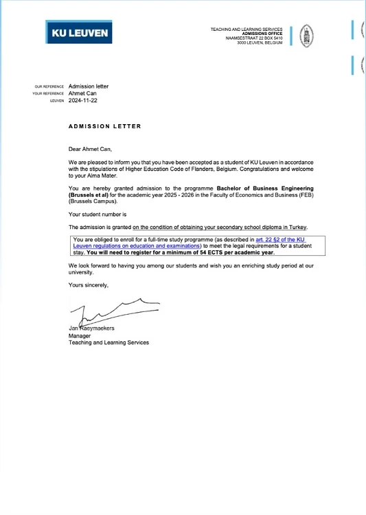 KU Leuven — Bachelor of Business Engineering kabul belgesi (kişisel bilgiler maskelendi)