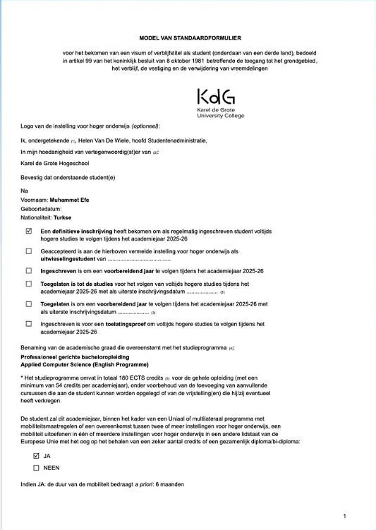Karel de Grote University College (KdG) — Applied Computer Science kabul belgesi (kişisel bilgiler maskelendi)