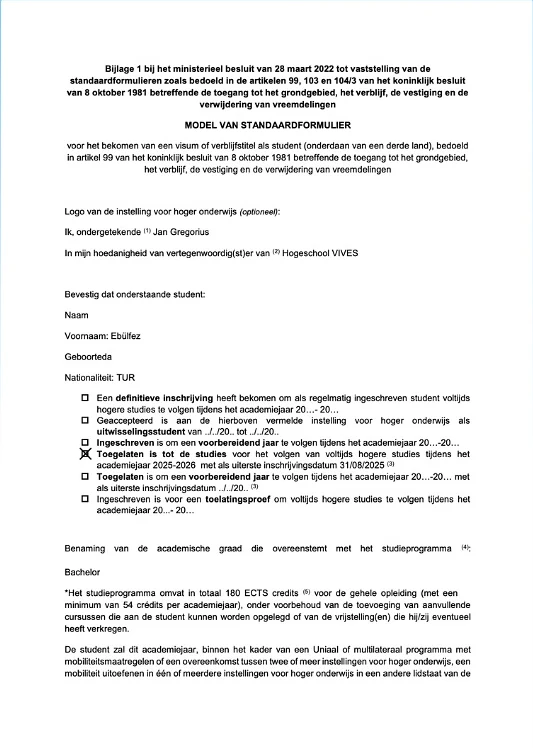 VIVES University of Applied Sciences — Bachelor of Business Management kabul belgesi (kişisel bilgiler maskelendi)